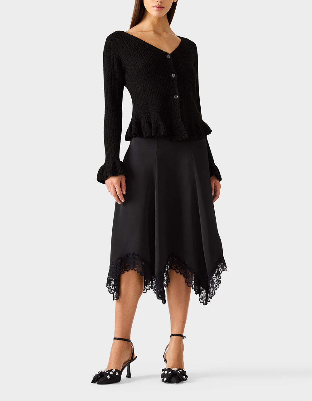 Betsey Johnson LACE SLIP MIDI SKIRT BLACK Women's Black Lace Midi Skirt