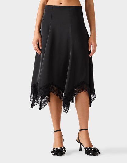 Betsey Johnson LACE SLIP MIDI SKIRT BLACK Women's Black Lace Midi Skirt