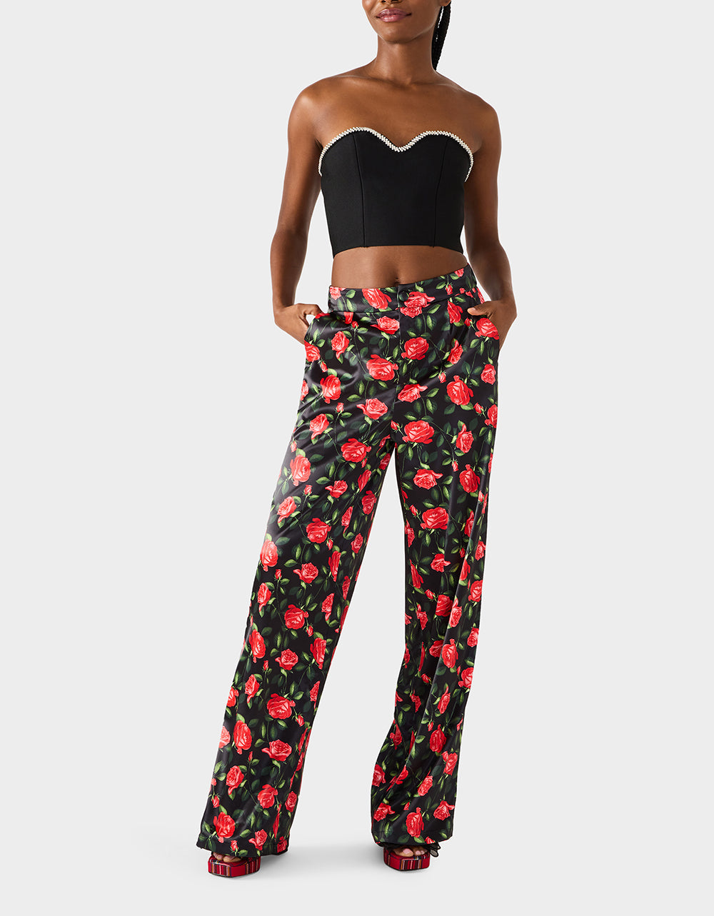 Betsey Johnson POWER BLOOM PANT BLACK Women's Black Red Floral Pant