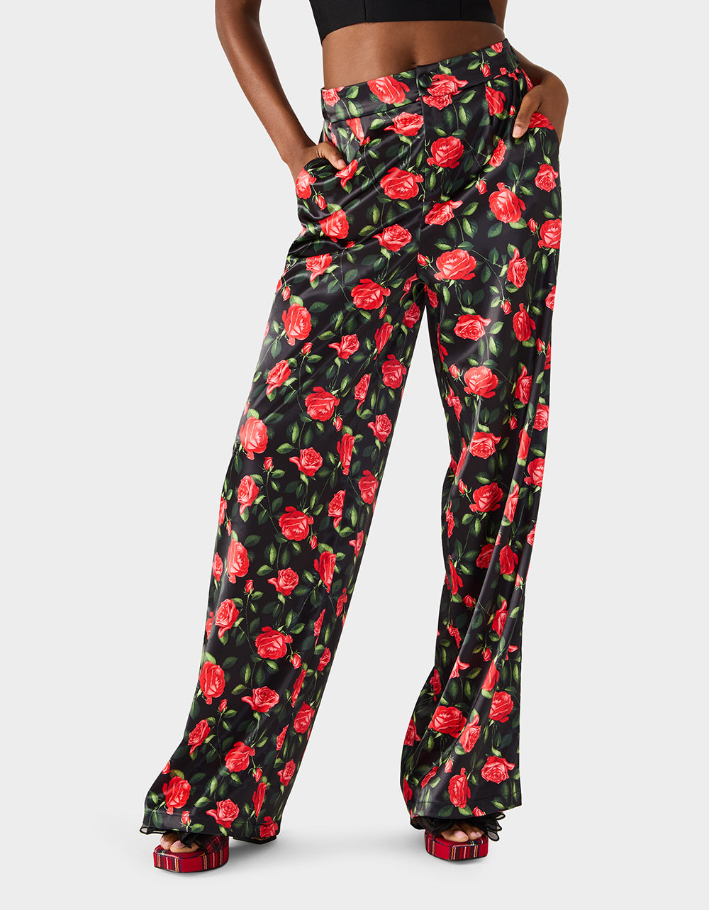 Betsey Johnson POWER BLOOM PANT BLACK Women's Black Red Floral Pant