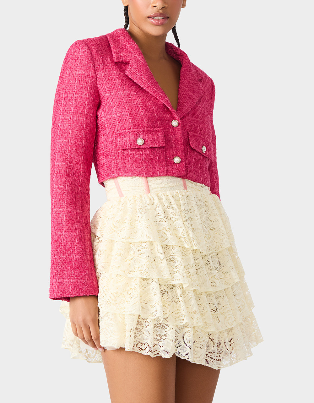 Betsey Johnson TWEED CROPPED BLAZER HOT PINK Women"s Long-Sleeved Cropped Button-Up Jacket