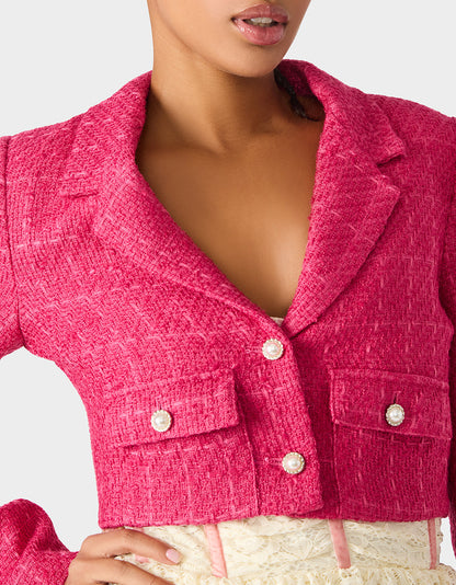 Betsey Johnson TWEED CROPPED BLAZER HOT PINK Women"s Long-Sleeved Cropped Button-Up Jacket