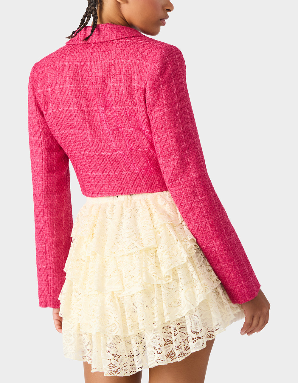 Betsey Johnson TWEED CROPPED BLAZER HOT PINK Women"s Long-Sleeved Cropped Button-Up Jacket