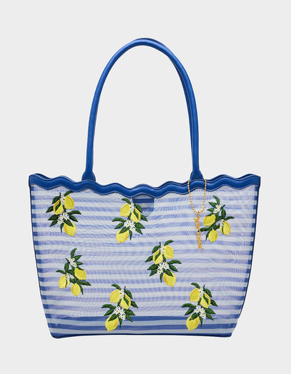 Betsey Johnson MESHIN AROUND TOTE BLUE/STRIPE Lemon Embroidered Mesh Women's Tote Handbag