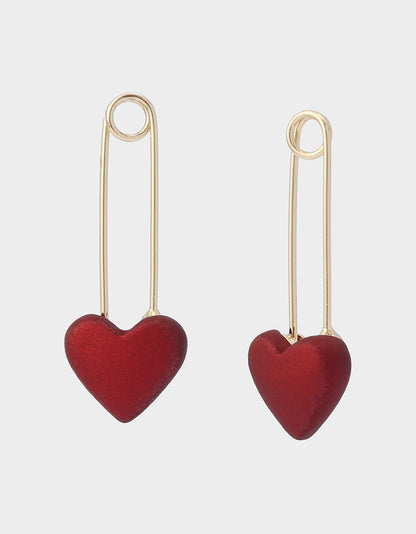 Betsey Johnson HEART SAFETY PIN DROP EARRINGS RED Women's Valentine's Day Heart Pin Drop Earrings
