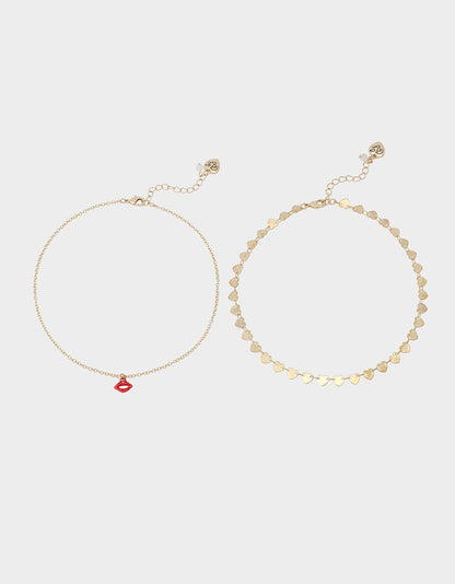 Betsey Johnson LIPS NECKLACE SET RED Women's Gold Heart Chain Lip Valentine's Day Necklace Set
