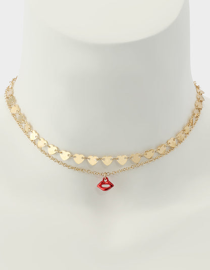 Betsey Johnson LIPS NECKLACE SET RED Women's Gold Heart Chain Lip Valentine's Day Necklace Set