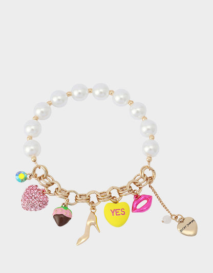 Betsey Johnson SWEETHEART CHARM STRETCH BRACELET PEARL Women's Valentine's Day Stretch Charm Pearl Bracelet
