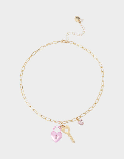 Betsey Johnson HEART LOCK SHORT PENDANT NECKLACE PINK Women's Valentine's Day Heart Pendant Necklace