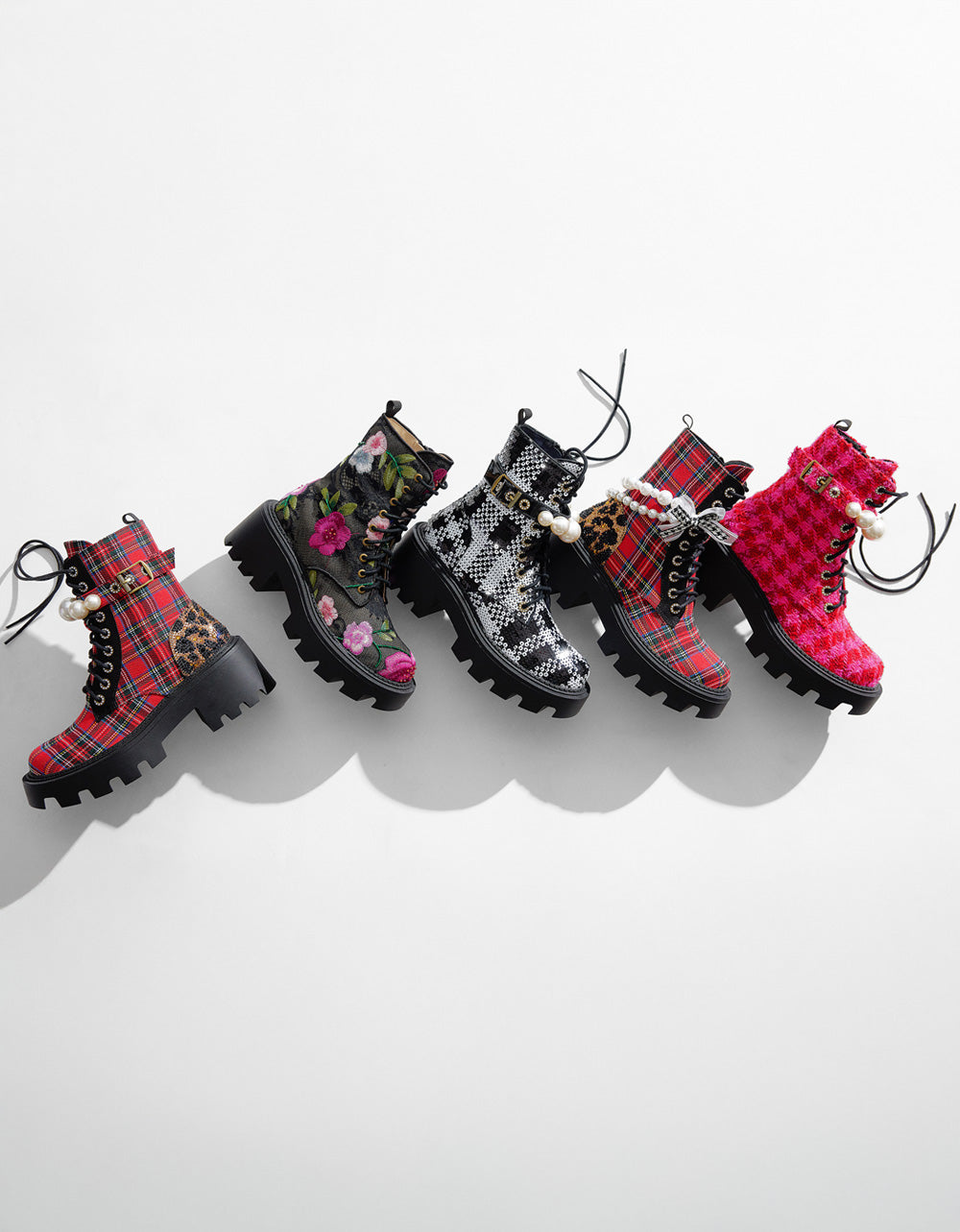 Betsey Johnson JONNIE BLACK WHITE PLAID Lace-Up Platform Combat Women's Ankle Boot