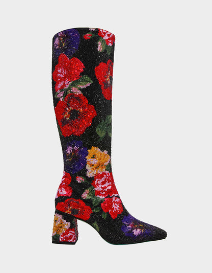 Betsey Johnson AVON BLACK FLOWER MULTI Women's Knee High Rhinestone Floral Boots