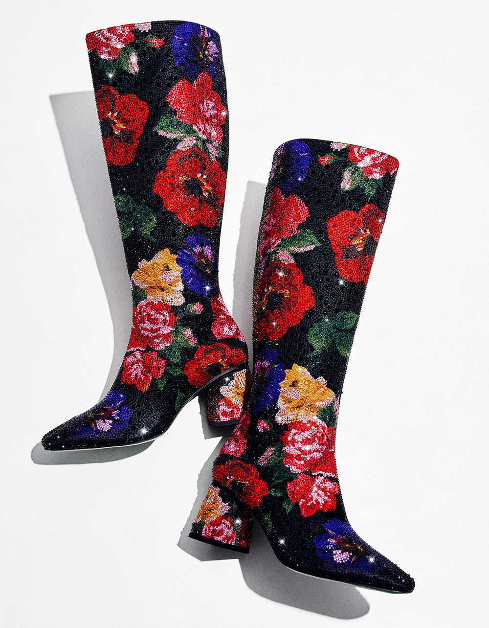 Betsey Johnson AVON BLACK FLOWER MULTI Women's Knee High Rhinestone Floral Boots