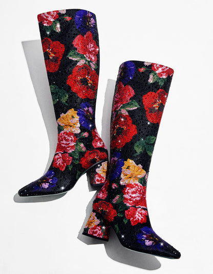 Betsey Johnson AVON BLACK FLOWER MULTI Women's Knee High Rhinestone Floral Boots