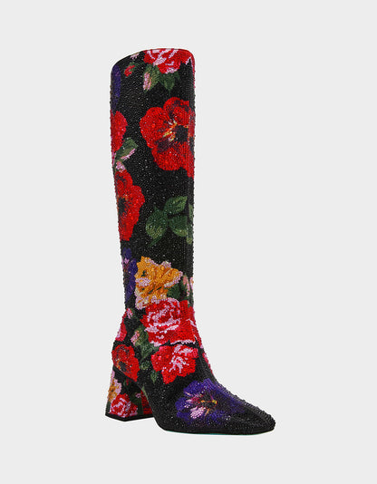 Betsey Johnson AVON BLACK FLOWER MULTI Women's Knee High Rhinestone Floral Boots