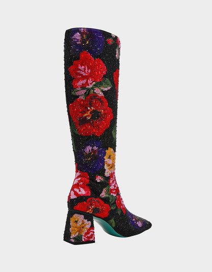 Betsey Johnson AVON BLACK FLOWER MULTI Women's Knee High Rhinestone Floral Boots