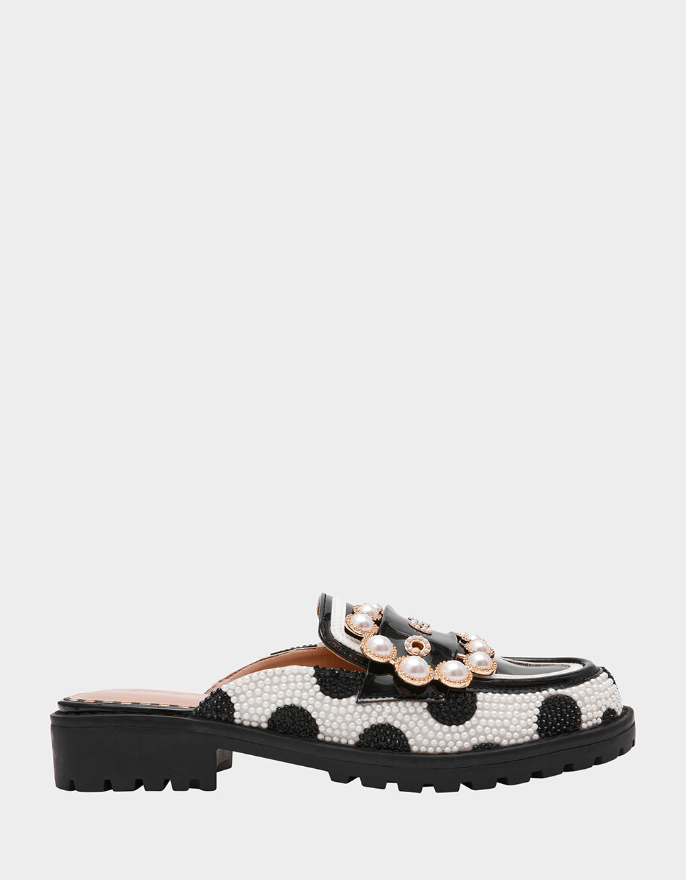 Betsey Johnson BARTON White/Black Polka Dot Mule Embellished Buckle Lug Women's Loafer