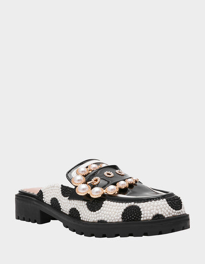 Betsey Johnson BARTON White/Black Polka Dot Mule Embellished Buckle Lug Women's Loafer