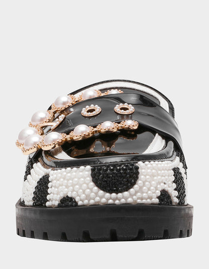 Betsey Johnson BARTON White/Black Polka Dot Mule Embellished Buckle Lug Women's Loafer