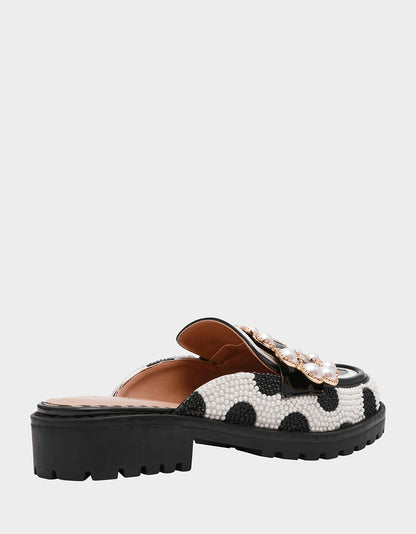Betsey Johnson BARTON White/Black Polka Dot Mule Embellished Buckle Lug Women's Loafer