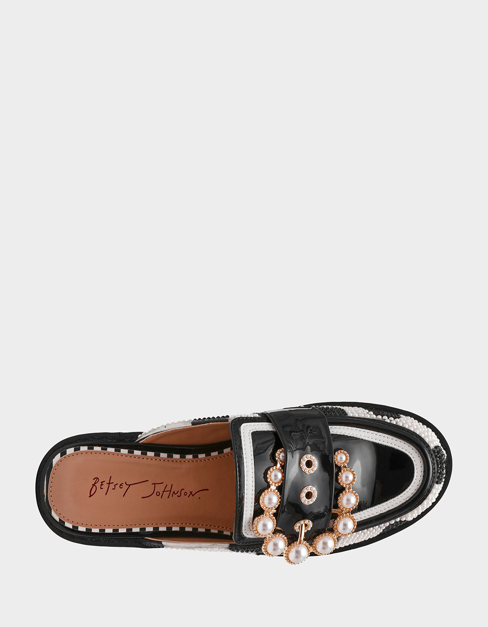 Betsey Johnson BARTON White/Black Polka Dot Mule Embellished Buckle Lug Women's Loafer