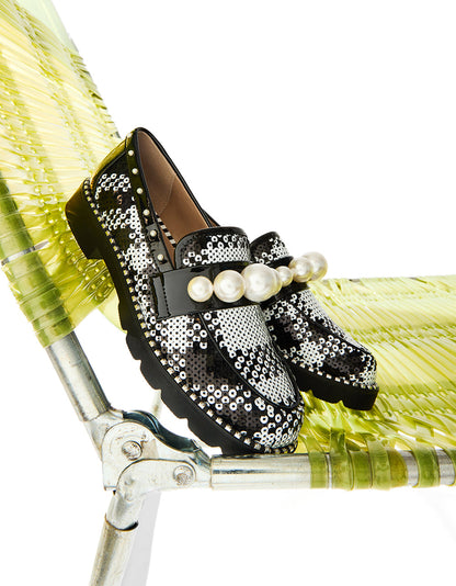 Betsey Johnson HARLOE BLACK WHITE PLAID Platfrom Pearl Embellished Women's Loafer