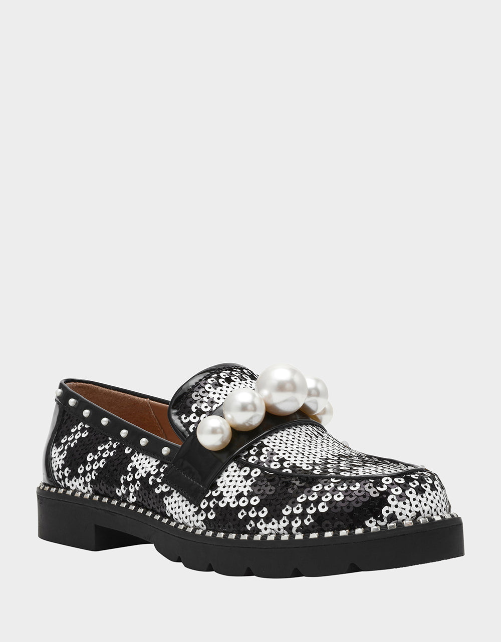 Betsey Johnson HARLOE BLACK WHITE PLAID Platfrom Pearl Embellished Women's Loafer