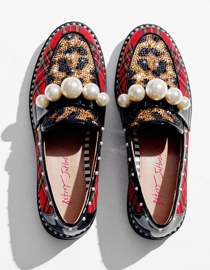 Betsey Johnson HARLOE RED PLAID Platfrom Pearl Embellished Women's Loafer