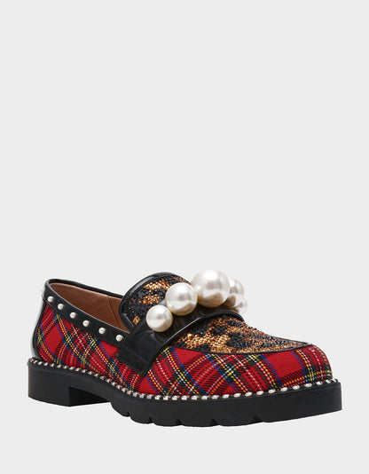 Betsey Johnson HARLOE RED PLAID Platfrom Pearl Embellished Women's Loafer