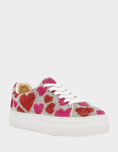 Betsey Johnson SIDNY RED/PINK HEARTS MULTI Women's Rhinestone Valentine's Day Heart Sneakers