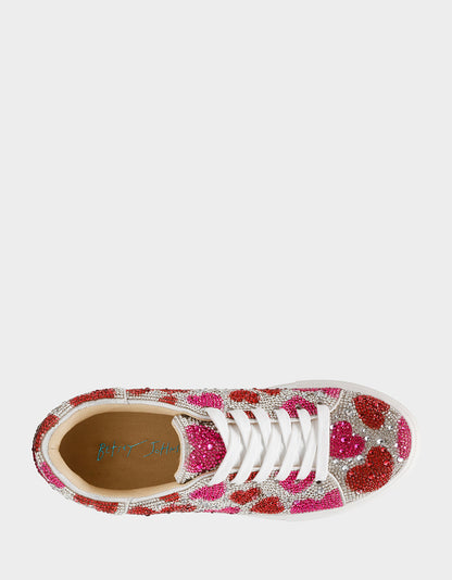 Betsey Johnson SIDNY RED/PINK HEARTS MULTI Women's Rhinestone Valentine's Day Heart Sneakers