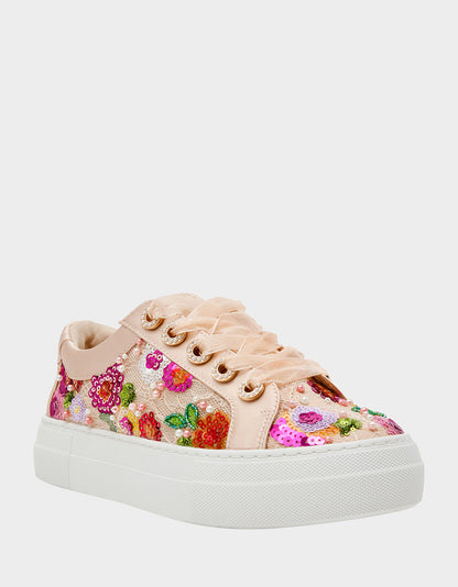 Betsey Johnson BONNY Nude Floral Sequin Mesh Floral Platform Low-Top Women's Sneaker