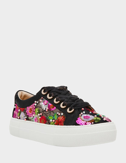 Betsey Johnson BONNY Black Floral Sequin Mesh Floral Platform Low-Top Women's Sneaker