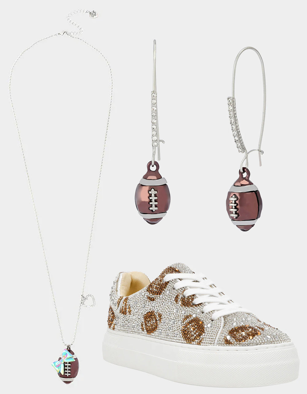Betsey Johnson THE BIG GAME BUNDLE Women's Football Rhinestone Sneakers, Earrings, and Necklace Set