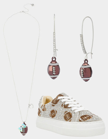 Betsey Johnson THE BIG GAME BUNDLE Women's Football Rhinestone Sneakers, Earrings, and Necklace Set