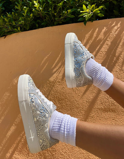 Betsey Johnson REILY WHITE Platform Low-Top Lace-Up Rhinestone Women's Sneaker