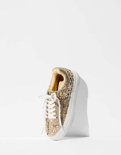 Betsey Johnson REILY LIGHT GOLD Platform Low-Top Lace-Up Rhinestone Women's Sneaker