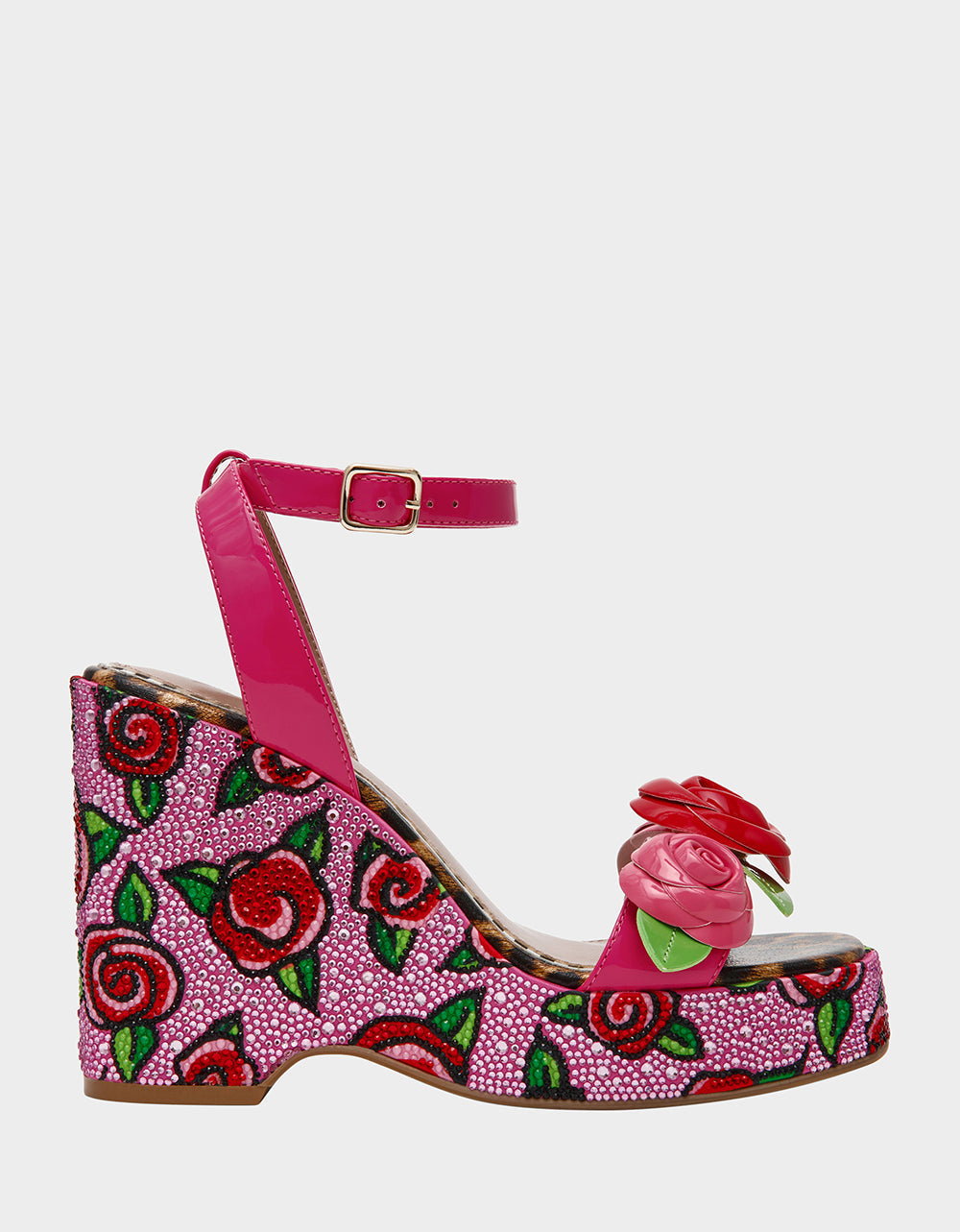 Betsey Johnson LIZZETE Fuchsia Rose Platform Flowers Embellished Women's Wedge Heel