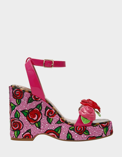 Betsey Johnson LIZZETE Fuchsia Rose Platform Flowers Embellished Women's Wedge Heel