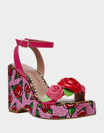 Betsey Johnson LIZZETE Fuchsia Rose Platform Flowers Embellished Women's Wedge Heel