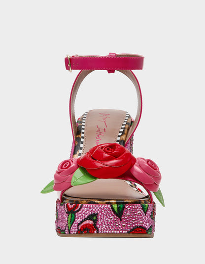 Betsey Johnson LIZZETE Fuchsia Rose Platform Flowers Embellished Women's Wedge Heel