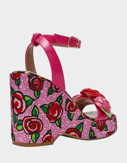 Betsey Johnson LIZZETE Fuchsia Rose Platform Flowers Embellished Women's Wedge Heel