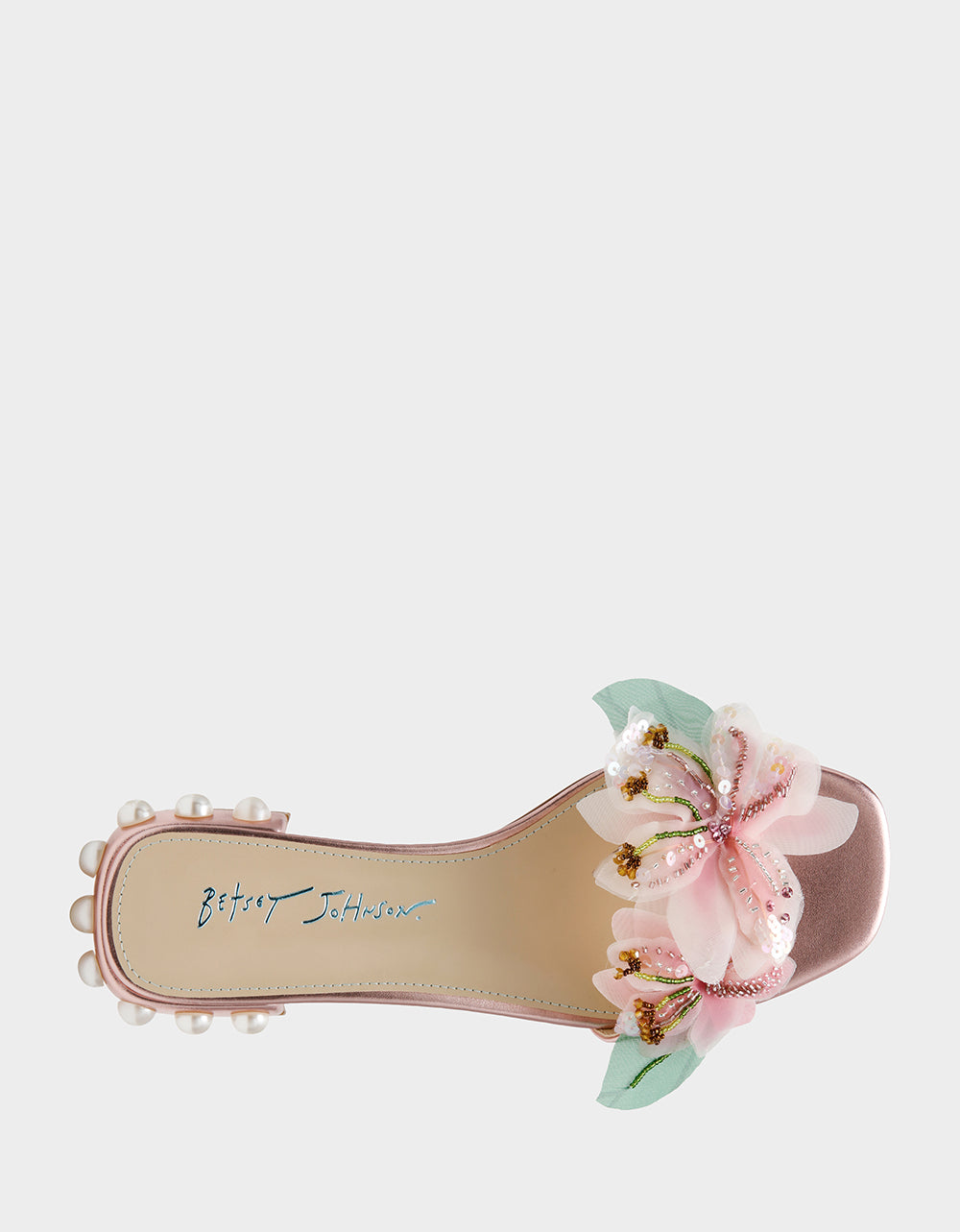Betsey Johnson ROSIA Light Pink Flower Embellished Pearl Square-Toe Women's Block Heel