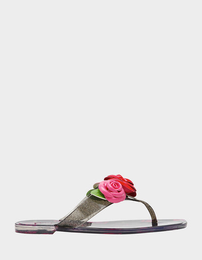 Betsey Johnson TRENTEN Black Rose Jelly Thong Strappy Women's Sandal