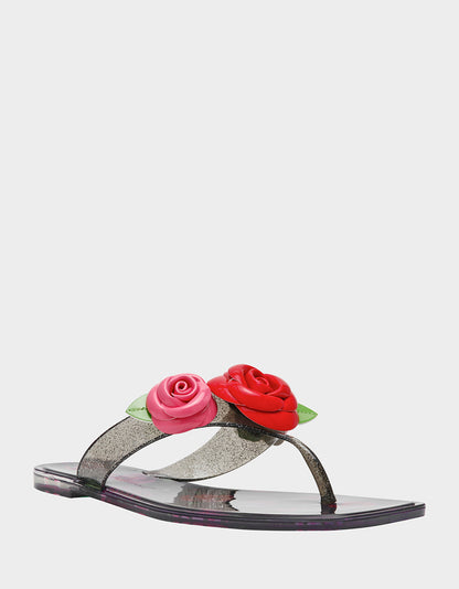Betsey Johnson TRENTEN Black Rose Jelly Thong Strappy Women's Sandal