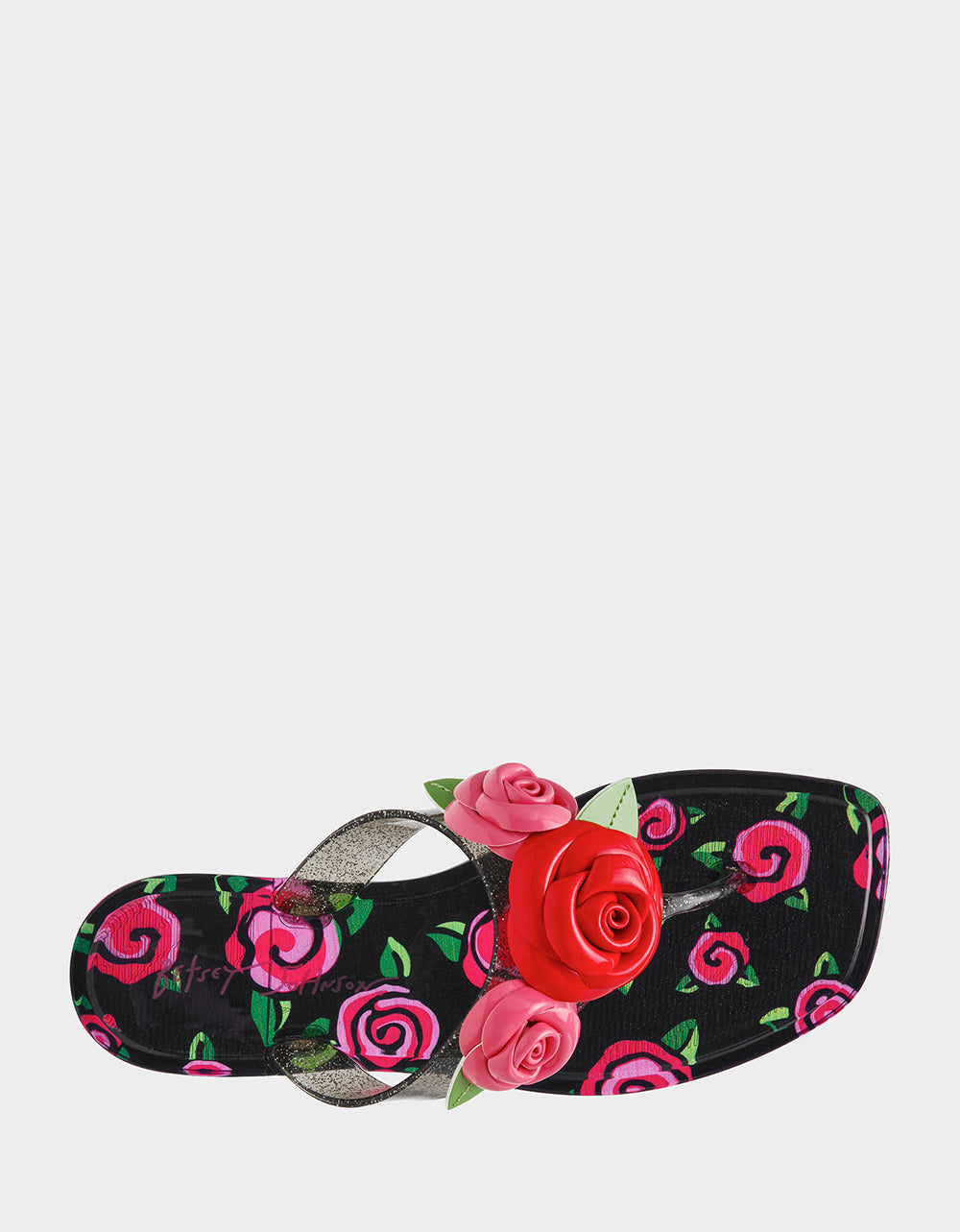 Betsey Johnson TRENTEN Black Rose Jelly Thong Strappy Women's Sandal
