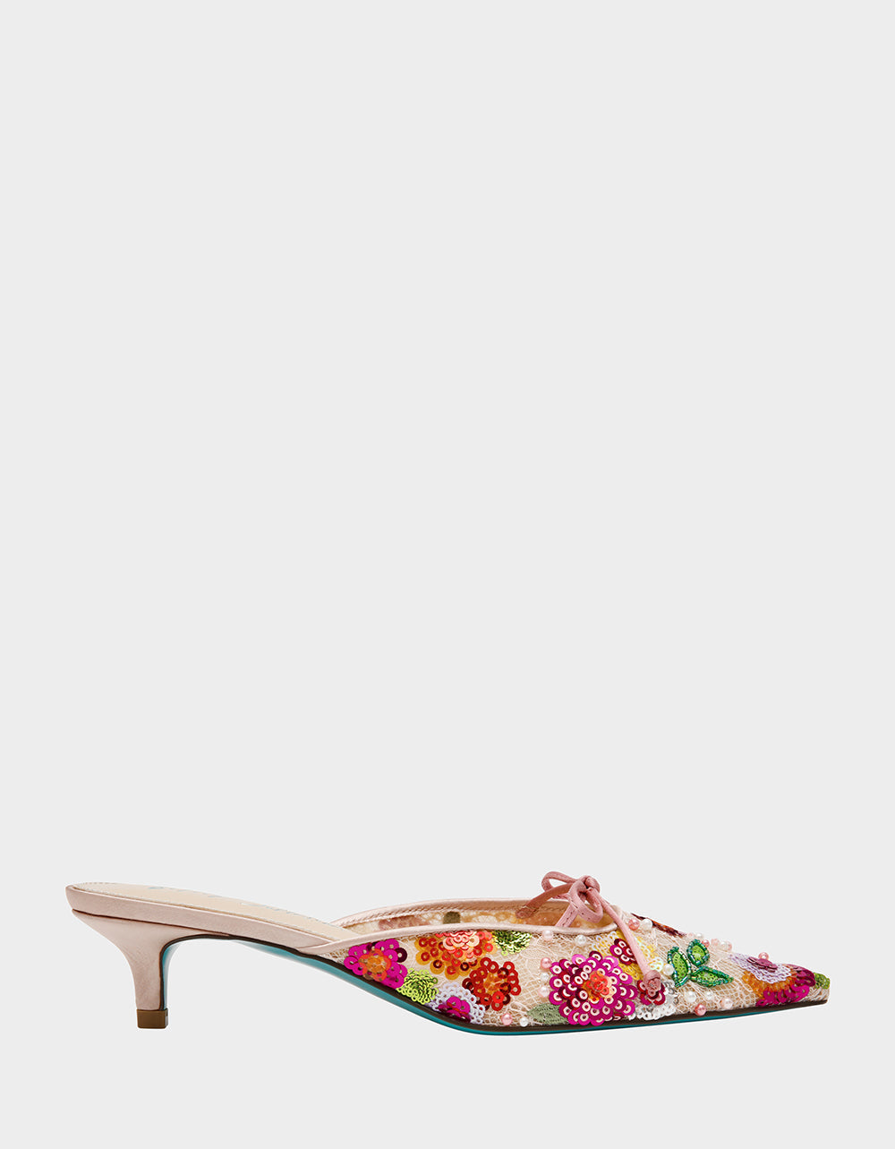 Betsey Johnson KEELY Nude Floral Pointed-Toe Mule Embellished Women's Kitten Heel