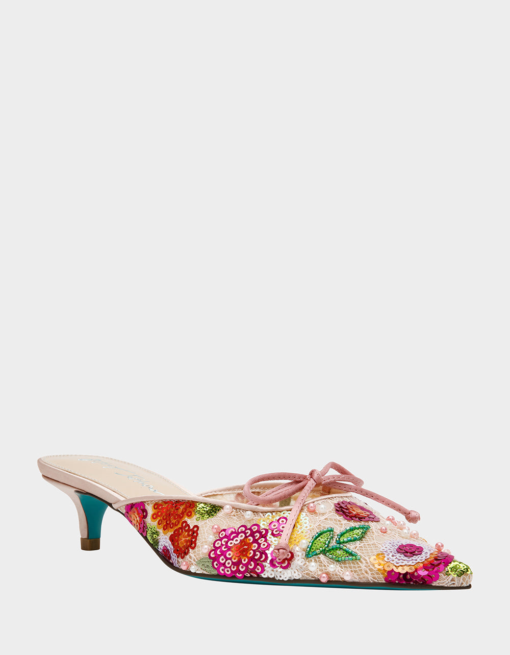 Betsey Johnson KEELY Nude Floral Pointed-Toe Mule Embellished Women's Kitten Heel