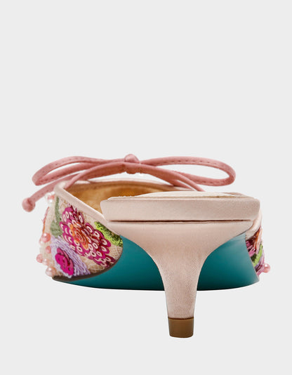 Betsey Johnson KEELY Nude Floral Pointed-Toe Mule Embellished Women's Kitten Heel