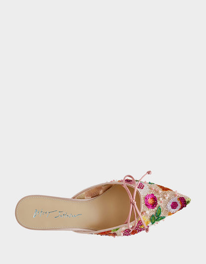 Betsey Johnson KEELY Nude Floral Pointed-Toe Mule Embellished Women's Kitten Heel