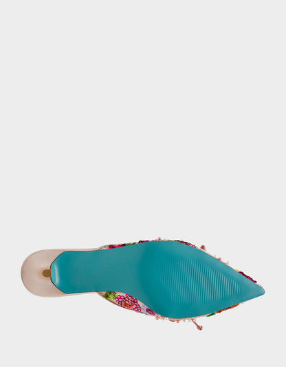 Betsey Johnson KEELY Nude Floral Pointed-Toe Mule Embellished Women's Kitten Heel